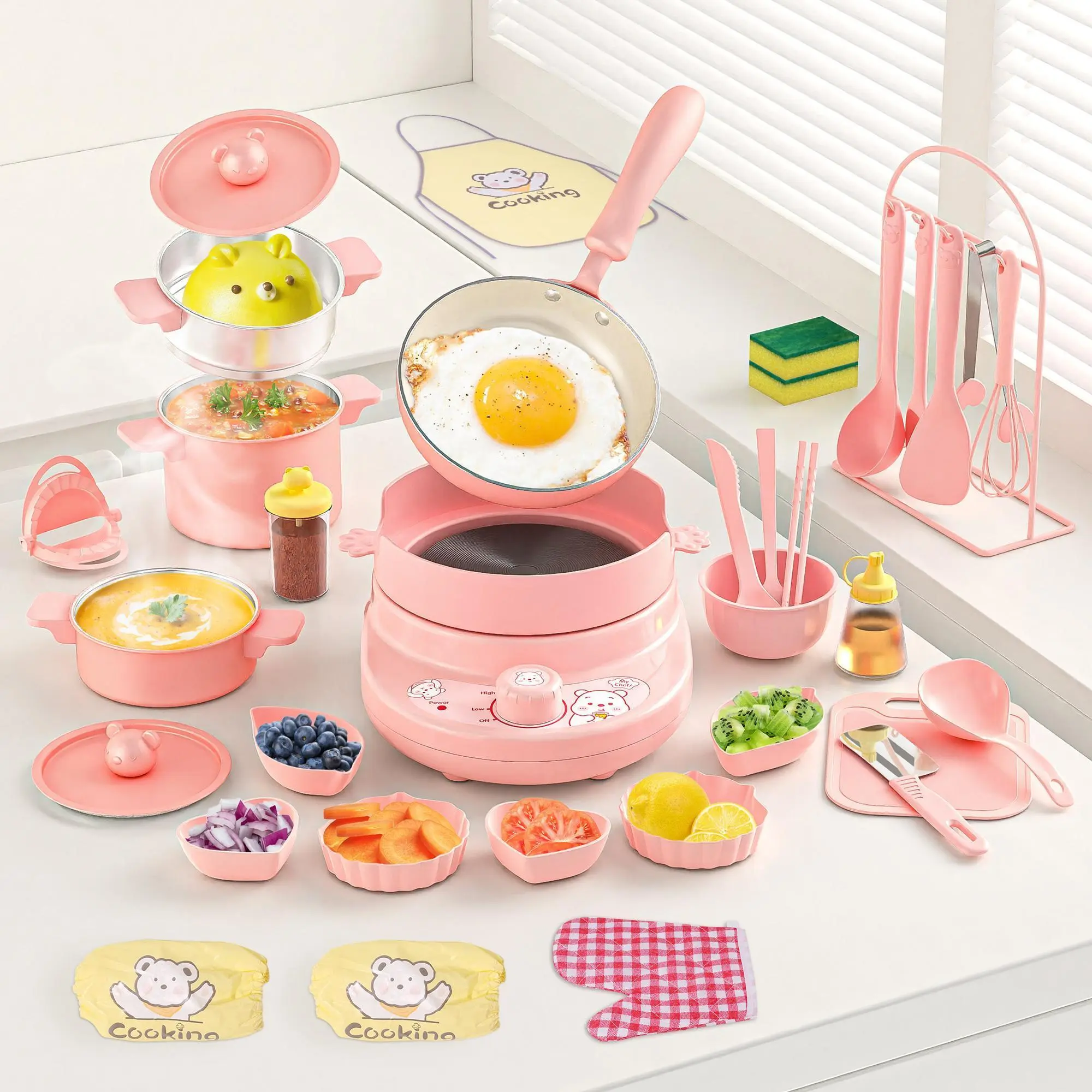 【ChristmasGifts】4-Color Kids Real Mini Cooking Set (Ages 8-12) - Safe Montessori Kitchen Toy with Knife & Dishes | Back to School & Soho Chic Gift for Girls & Boys