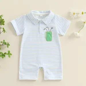 Infant Baby Boy Golf Outfit Short Sleeve Golf Embroidery Polo Romper Lapel Button Striped Bodysuit Jumpsuit 0-18M
