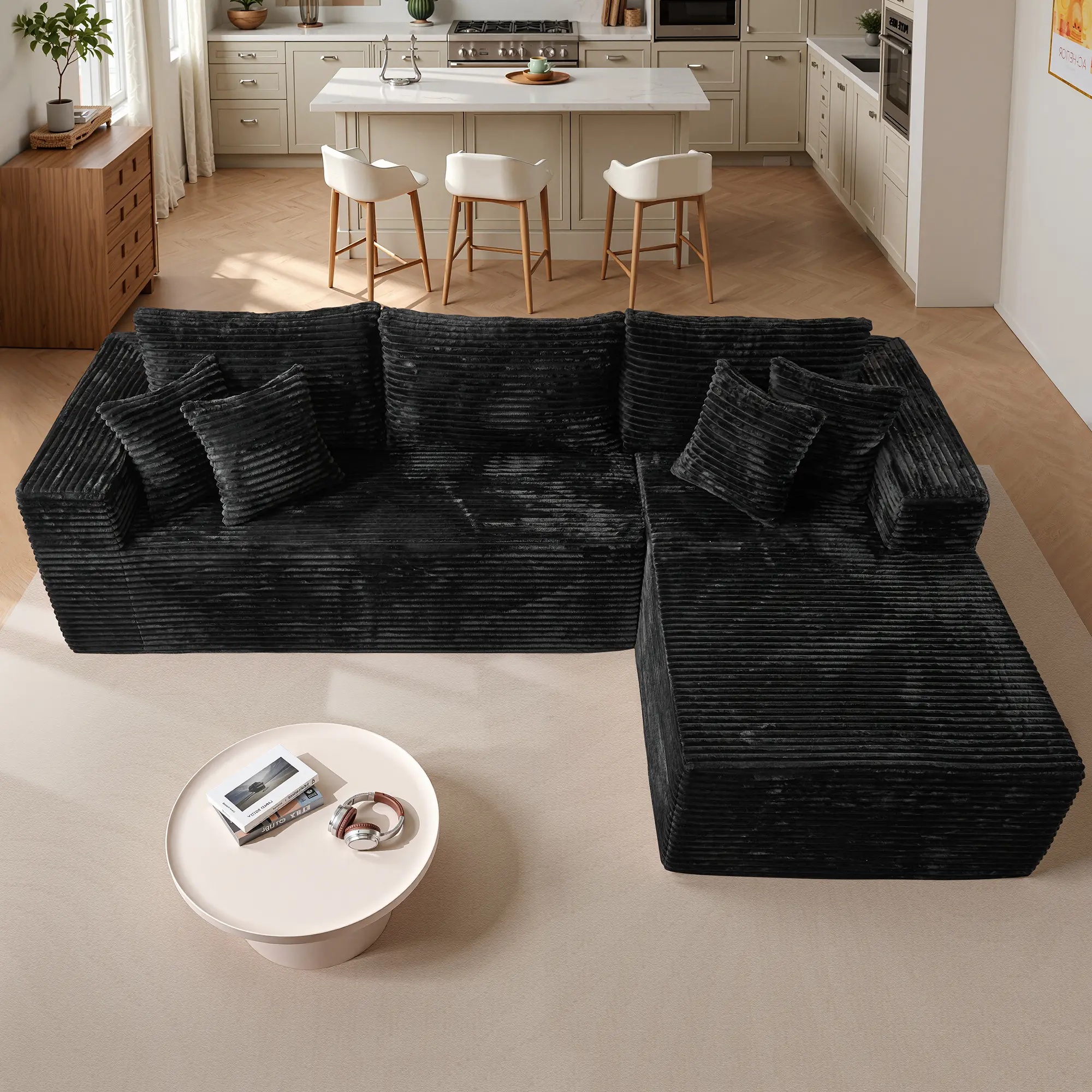 Black Plush Corduroy Right Chaise