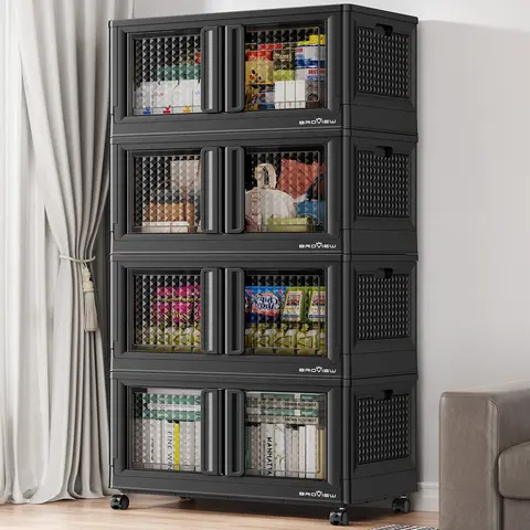 Broview V10 Lockable Folding Storage Bins - 100Qt/300Qt/400Qt Large Size Heavy-Duty Textured Plastic Bins with Lids, Doors, Wheels, Stackable Closet Storage Boxes for Home Organization