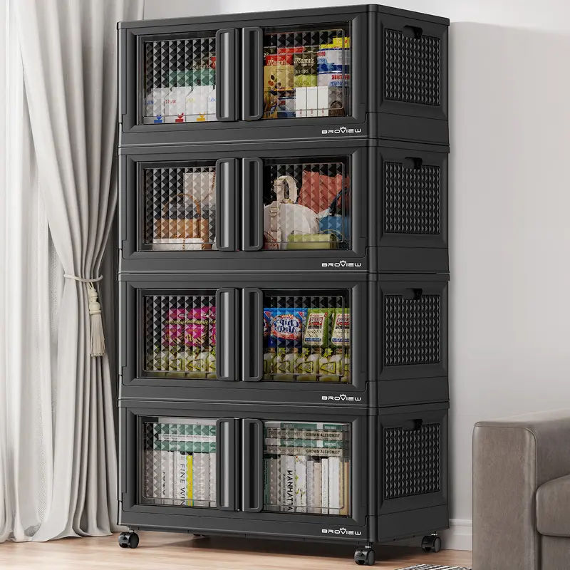 Broview V10 Lockable Organizer Bins - 100Qt/300Qt/400Qt Large PP Plastic Durable Storage, Built Tough Textured Bins with Lids, Doors, Wheels, Stackable for Home Storage Organization