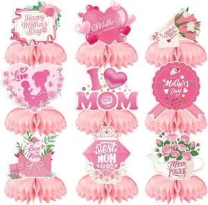 Mothers Day Gift Table Decorations - Mother's Day Decorations Centerpieces for Tables, 9Pcs 3D Best Mom Honeycomb Centerpiece Pink Flower Table Topper for Mother's Party Supplies, Gifts for Mom