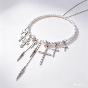 Pearl-Tassel Open-Front Necklace: Unique Long-Style Full-Diamond Cross Choker-Luxury Necklace