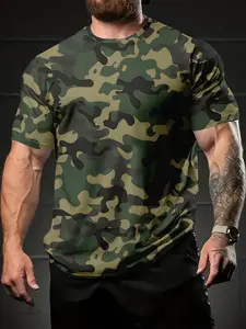 Men's Classic Army Camo Print Short Sleeve T-Shirt, Military Green Camouflage Casual Sport Tee for Outdoor Daily Workout