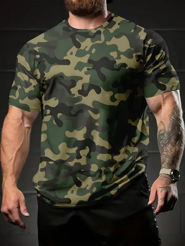 Men's Camo Print Athletic Shirt, Casual Sporty Fitted Short Sleeve T-Shirt for Outdoor Workouts and Daily Wear, Activewear T Shirt, Fitted Cut