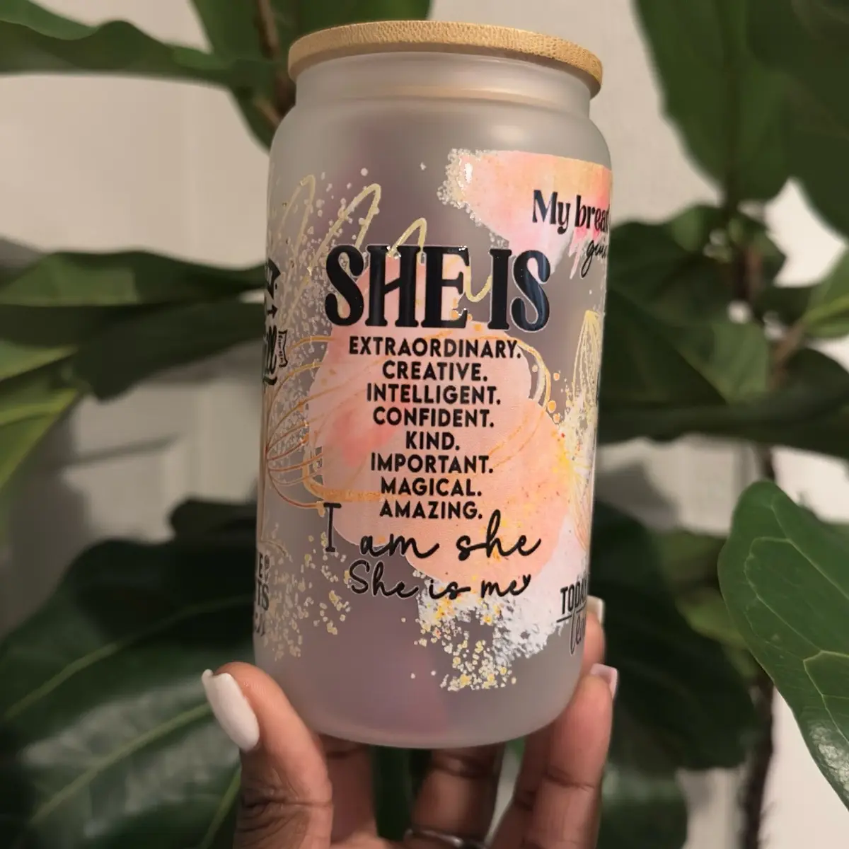 Daily Affirmations | She Is Glass Cup With Bamboo Lid.