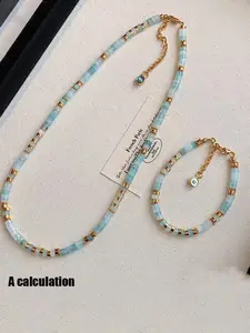 Colorful Natural Stone Aquamarine Handmade Beaded Necklace for Women, Luxury Unique Design New Chinese Style Collar Chain
