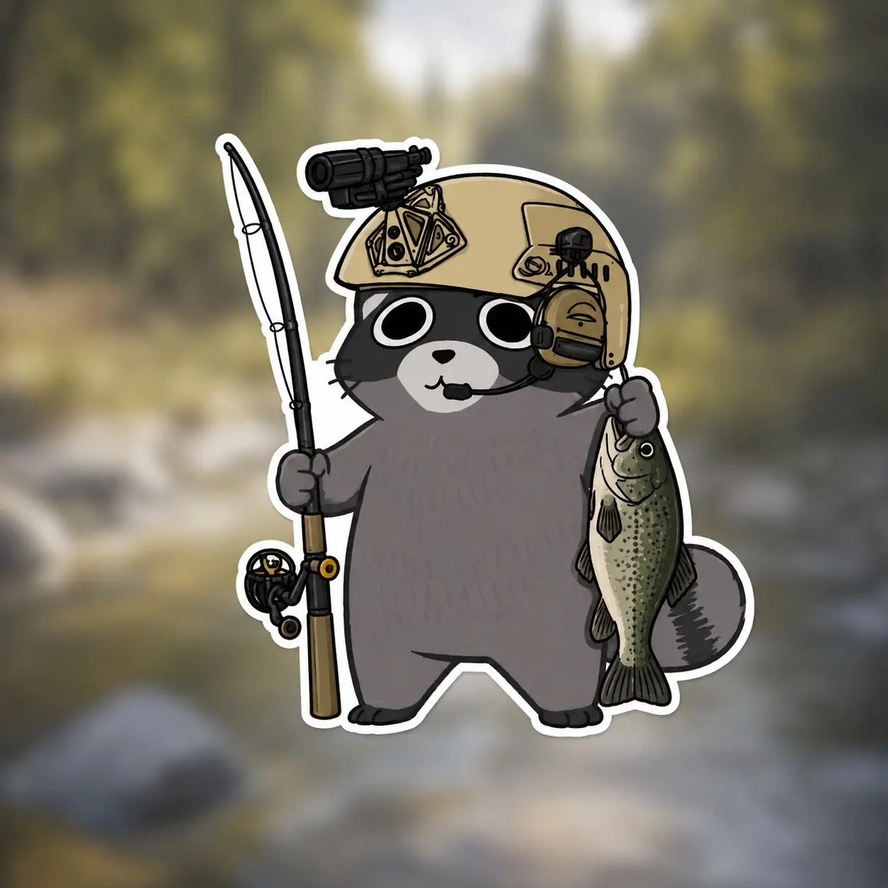 Tactical Raccoon Vinyl Sticker, Bass Fishing Rod Helmet, Waterproof Die Cut Boat Tackle Box Cooler Car Phone Decal