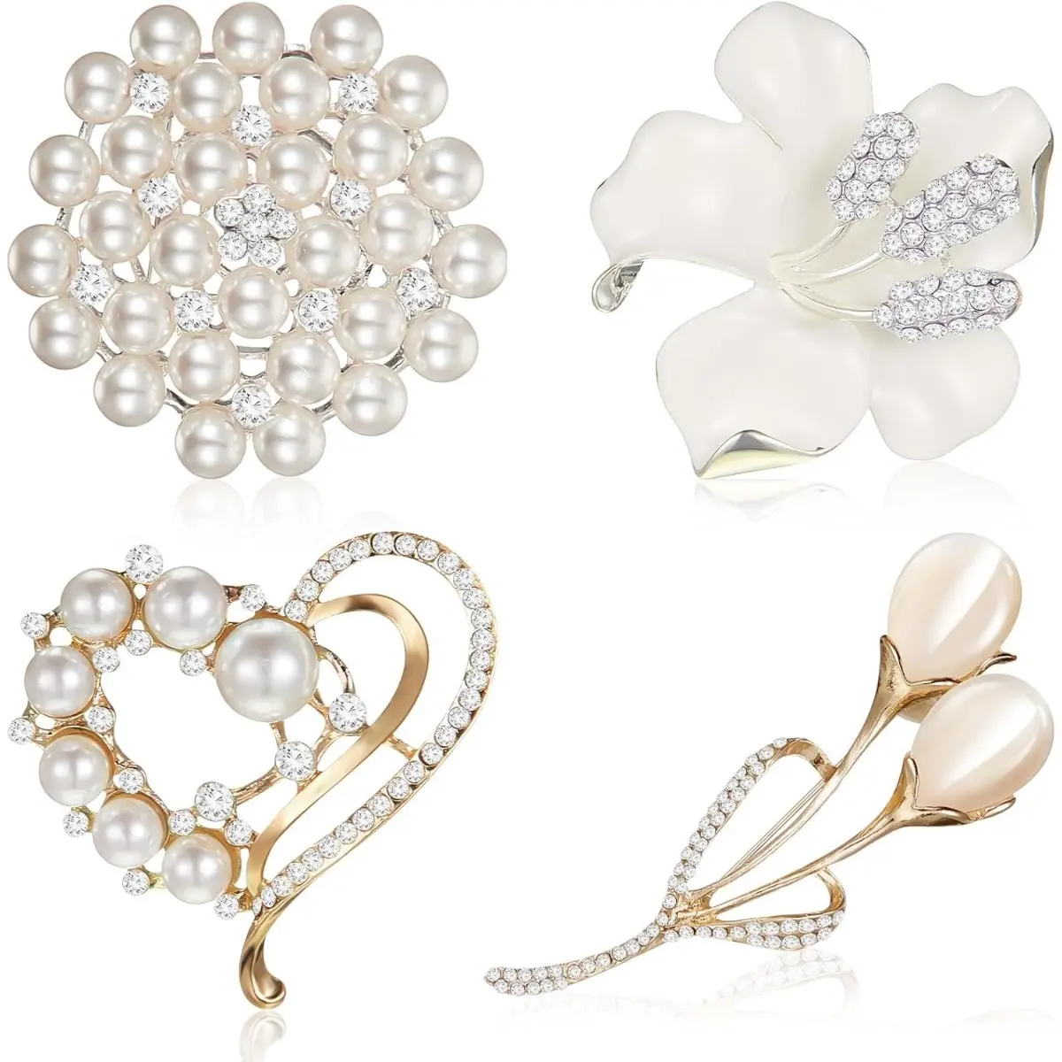 4-piece Women's Brooch Pin Set, Imitation Crystal Pearl Rhinestone Flower Brooch, Headscarf Shawl Pin, Suitable for Brides' Weddings, Parties, Christmas Gifts