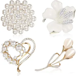 4-piece Women's Brooch Pin Set, Imitation Crystal Pearl Rhinestone Flower Brooch, Headscarf Shawl Pin, Suitable for Brides' Weddings, Parties, Christmas Gifts