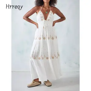 Women Summer Casual Long Dress Flower Embroidery Tie-Up Halter Neck Sleeveless Dress Fashion Backless A-line Dress