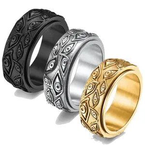 Retro Evil Eye, Sun Moon Star Rotatable Fidget Spinner Ring, Stainless Steel Gothic Punk Male Daily Band, Gold/Silver/Black