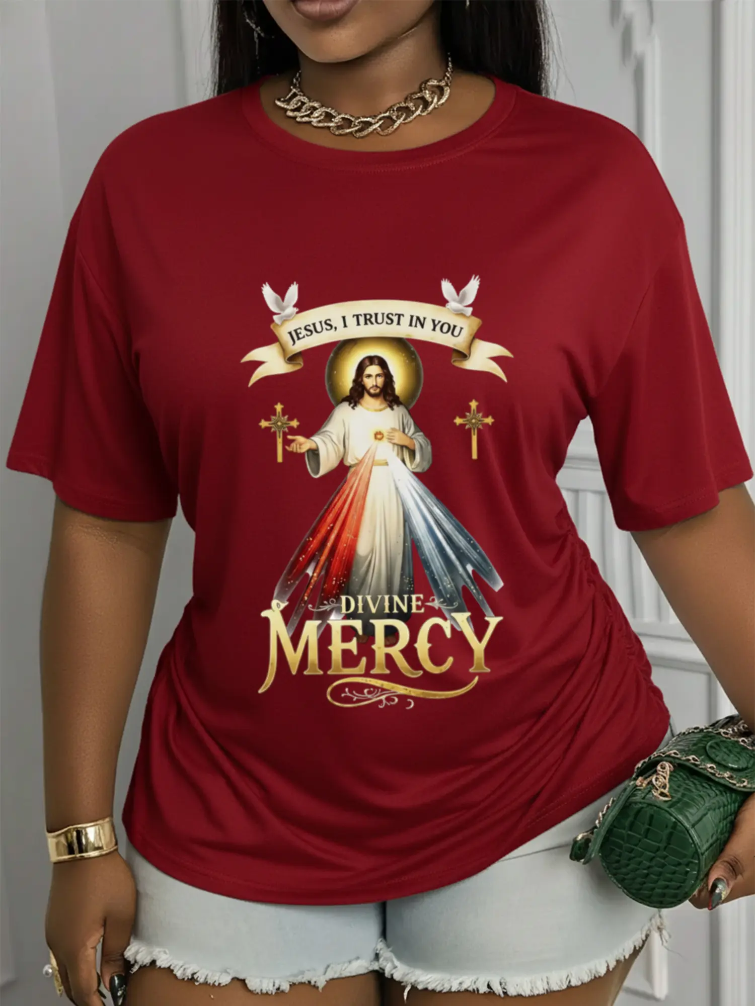 Crew Neck Short-Sleeve Printed T-Shirt Featuring ', I Trust in You' Divine Mercy Graphic Design | Casual Crew Neck, Soft & Stretchy Fabric, Machine Washable-A Stylish Top Suitable for All Seasons. Trendy Apparel with A Comfortable Fit-Fashionab