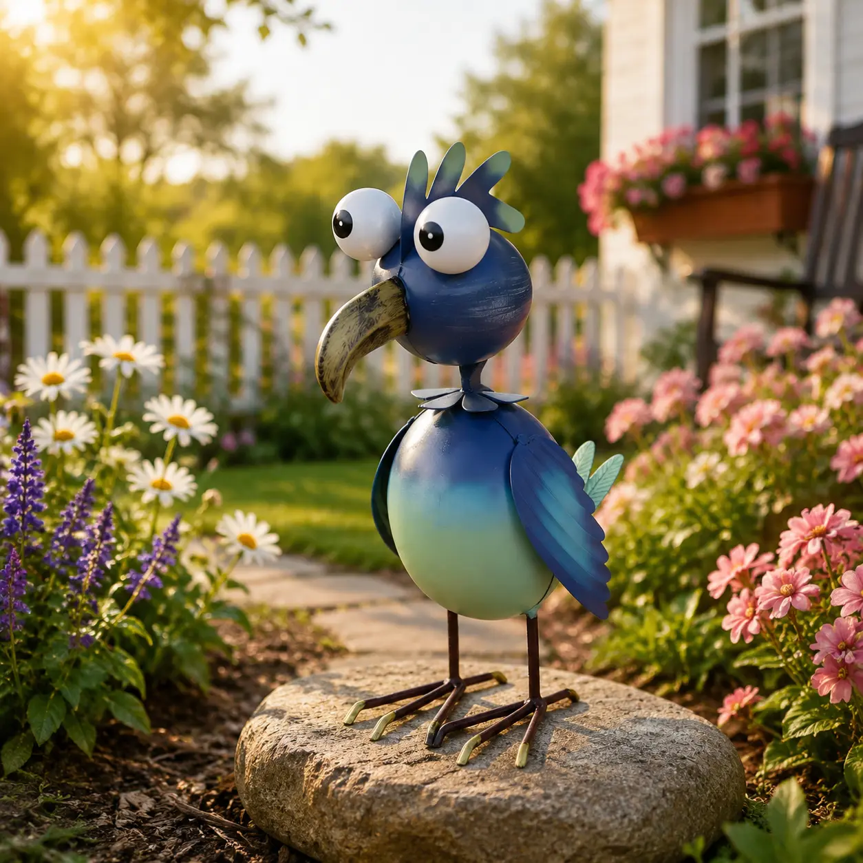 Funny Metal Bird Garden Statue, Cute Cartoon Bird Sculpture, Outdoor Yard Lawn Ornament, Colorful Metal Animal Figurine, Weather‑Resistant Decor for Patio Backyard Home Indoor Outdoor Decoration