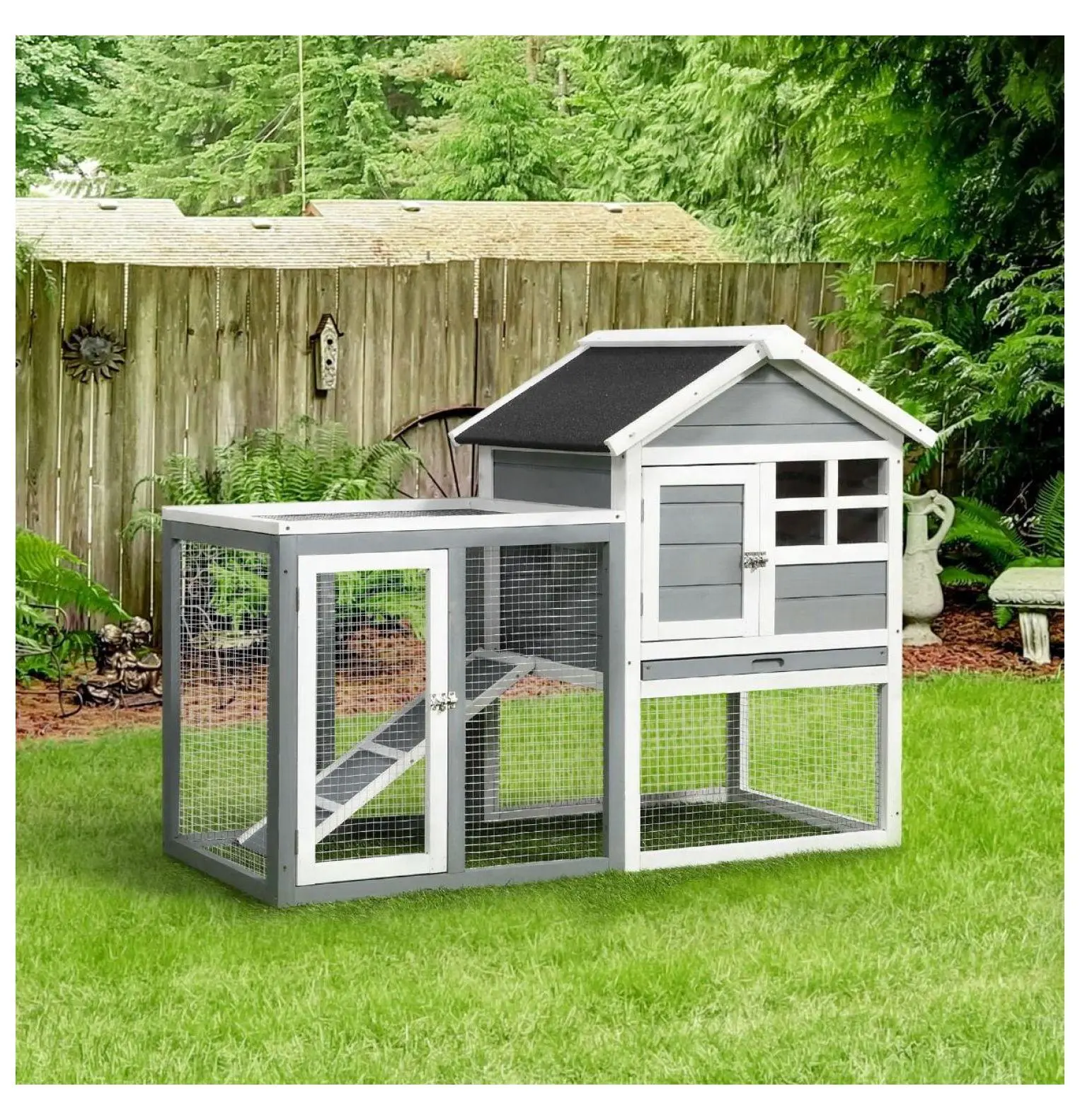 Gray Wooden Rabbit Hutch Enclosure - Indoor Outdoor Weatherproof Pet House with Asphalt Roof, Run Area, 24.75"W x 36.25"H White Accents