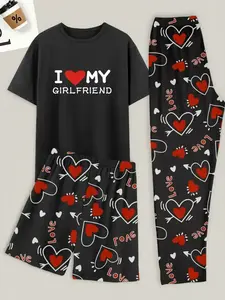 Men's Casual Pajama 3-Piece Set with Heart-Print Shorts, "I Love My Girlfriend" T-Shirt and Pants, Comfy Home Loungewear, Valentine's Day Gift