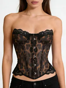 Elegant Leopard Mesh Contrast Lace Strapless Bodysuit, Slimming Waist Design, Sexy Tight-Fitting Top for Parties & Dates, Waist Trainer Bodysuit