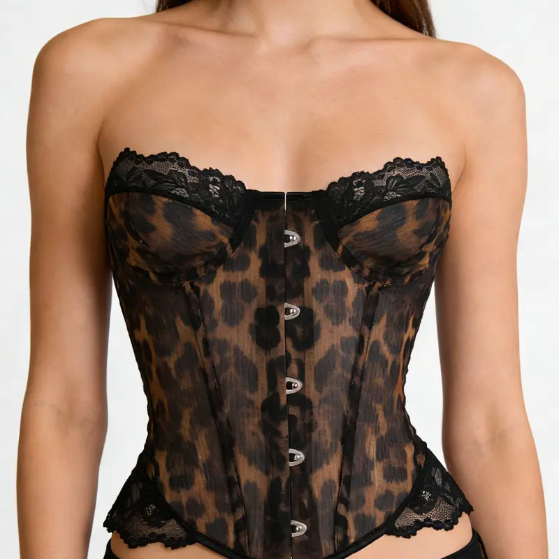 Elegant Animal Print Leopard Mesh Contrast Lace Strapless Shapewear Bodysuit, Slimming Waist Design, Sexy Tight-Fitting Top for Parties & Dates