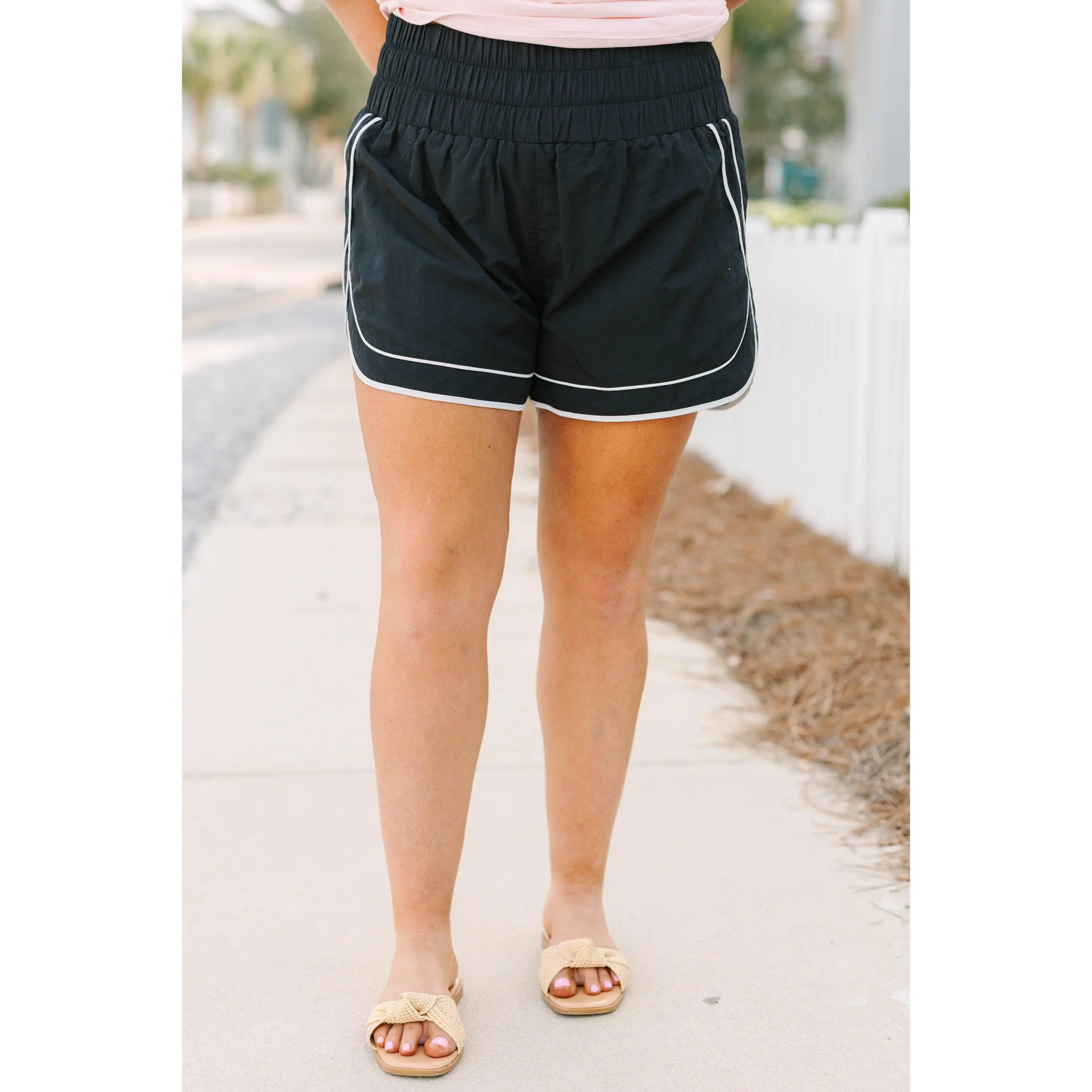 Fitted Athletic Women's Sports Shorts - Casual, Workout Routine, Sporty Chic, Basic Polyester, Black-White, Adjustable Waist, Good Stretch