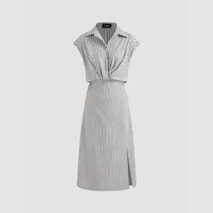 Cider [4 colors, size 0-26] Cotton-blend Collar Striped Split Midi Shirt Dress