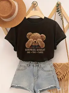 Printed Short-Sleeve Round-Neck T-Shirt Casual with a Bear Design