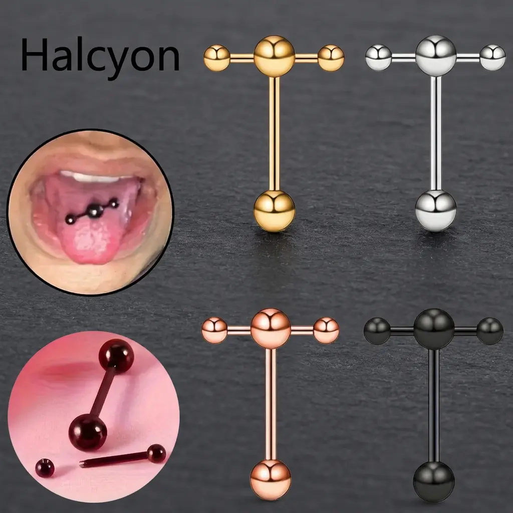 Halcyon 4Pcs Stainless Steel T-Bar Tongue Ring Set, Double Barbell Body Piercing Jewelry, Edgy Alternative Y2K Style, Daily Wear Gift for Unisex