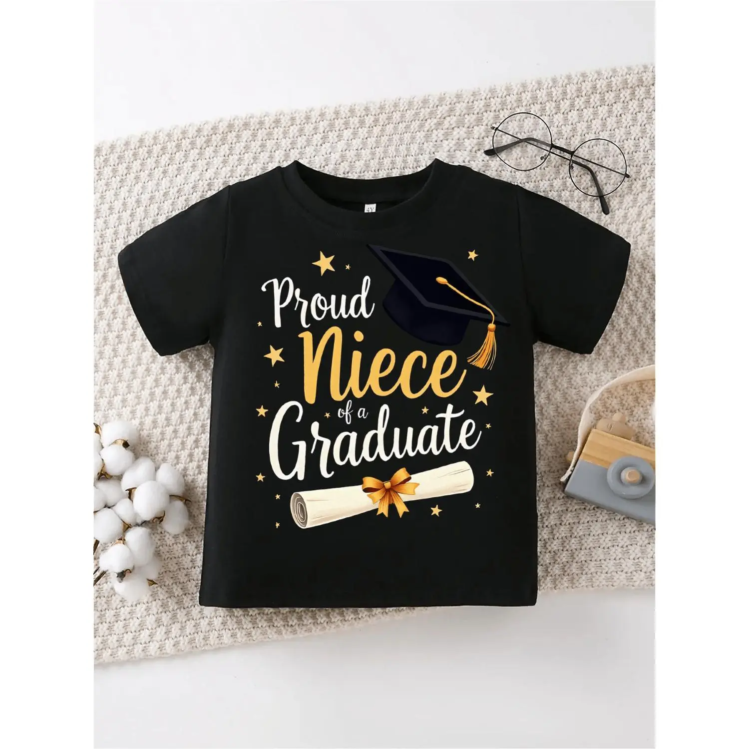 Proud Niece Graduation Tee Funny Family Member Gift Cotton Crew Neck with Golden Star and Diploma Perfect for Celebration