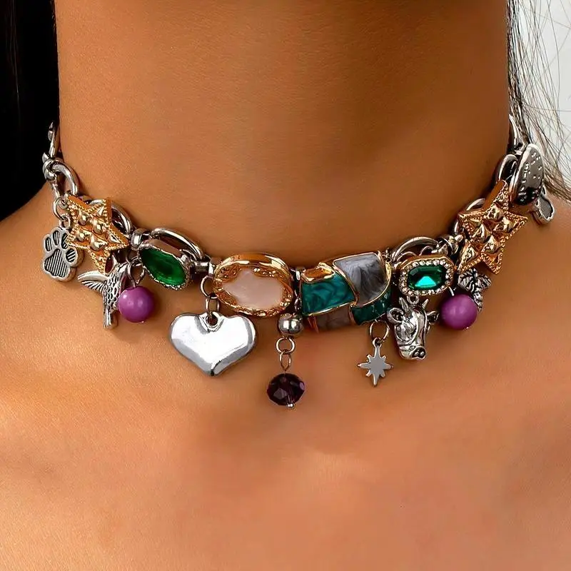 Trendy Bohemian Bull Head & Bee Pendant Necklace - Vintage Hand-Painted Enamel Star Charm, Stacked Chain Unique Craft Jewelry for Women's Casual Music Festival Outfits, Valentine's Day Holiday Gift Daily Accessory, Enamel Charm, Female Wear, One-Piece