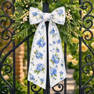 Blue Hydrangea Wreath Sash Floral Door Decor Chinoiserie Style Spring Summer Wreath Bow Garden Party Welcome Home Gift