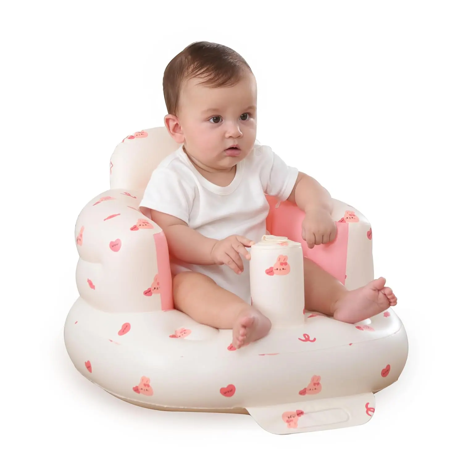 Upgraded Inflatable Baby Floor Seat with Tray 3-36 Months, Built-in Air Pump for Learning to Sit & Feeding, Portable Inflatable High Chair (Pillar-Love Bunny)