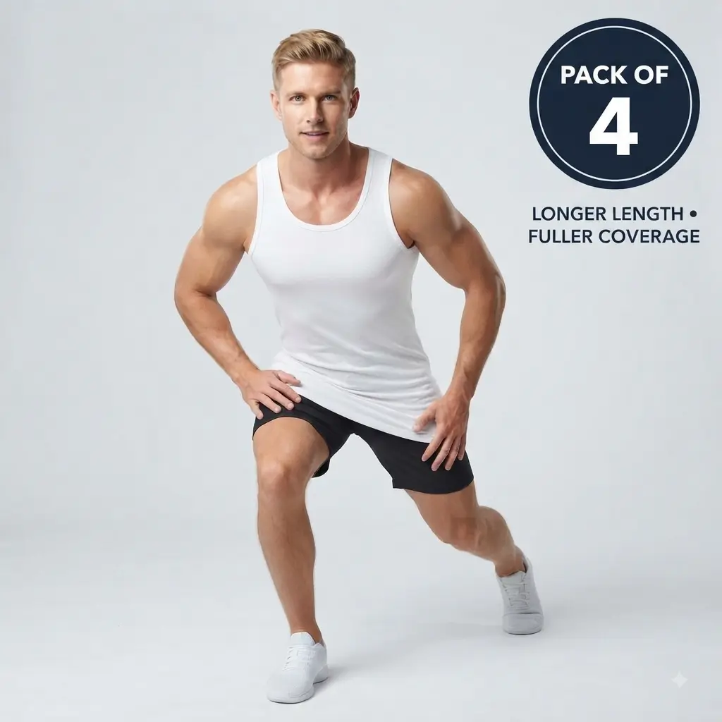Men's 100% Cotton Extra Long Tank Top – Extended Length Ribbed Undershirt, Stays Tucked Base Layer, Casual & Gym A-Shirt Menswear Socks
