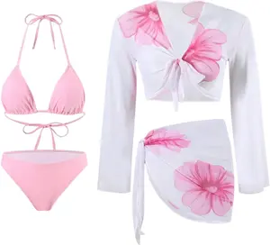 Women's 4 Piece Bikini Set, Floral Print High Stretch Halter Top with Long Sleeve Cover Up and Beach Skirt, Set Super Stretchy Bikinis, Stretch Fabric Bikinis Set