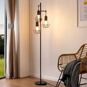 Edishine 65“ Tall Dimmable Farmhouse Rattan Tree Floor Lamp with Diamond-Shaped Cages (Antique Red Copper)