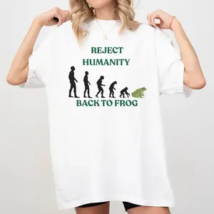 "Reject Humanity Frog" Graphic Tee |   Funny Evolution Meme Illustration T-Shirt |   Soft Breathable All-Season Fabric |   Nature Lover Humor Unisex Top