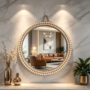 1Pc Boho Round Rope Bead Wall Mirror, Natural Woven Decorative Hanging Mirror, Bohemian Aesthetic Room Decor for Bedroom Living Room Entryway
