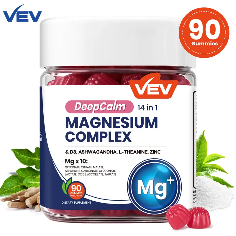 VEV DeepCalm Magnesium Complex Gummies - Ashwagandha & L-Theanine Blend with D3 & Zinc, 90 Count