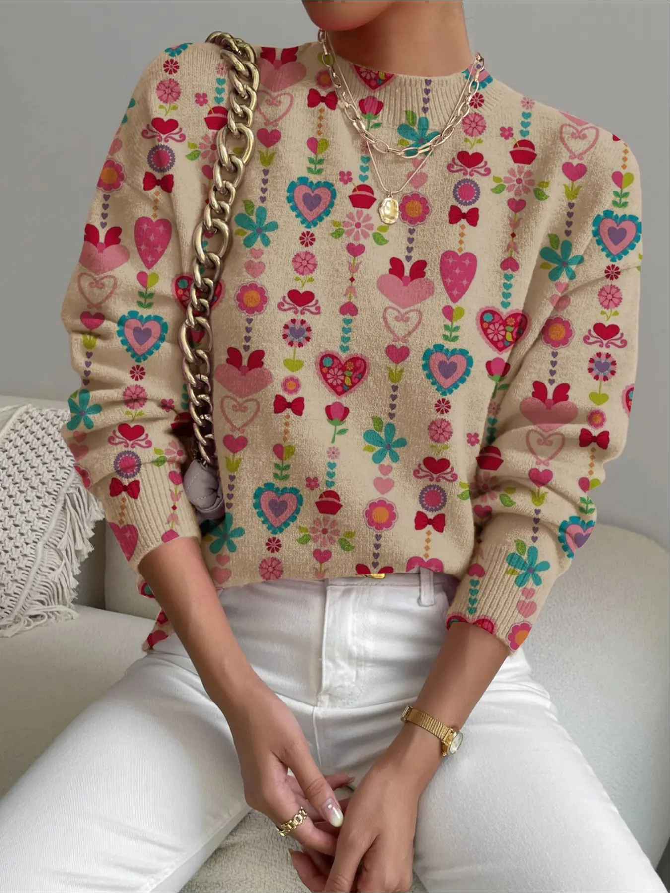 Women's Valentine's Day Heart Print Stand Collar Sweater, Fall Winter Casual Long Sleeve Knitwear, Comfortable Warm Daily Wear