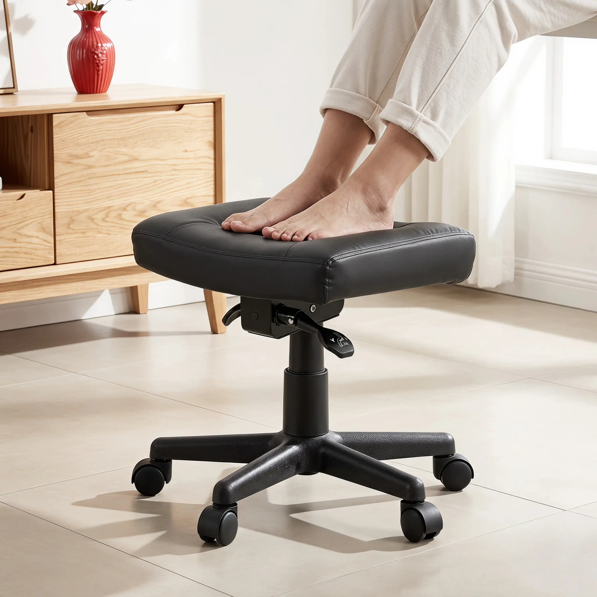 Lessmore Adjustable Height Rolling PU Leather Footrest Stool - Mobile Under-Desk Ottoman for Office, Bedroom