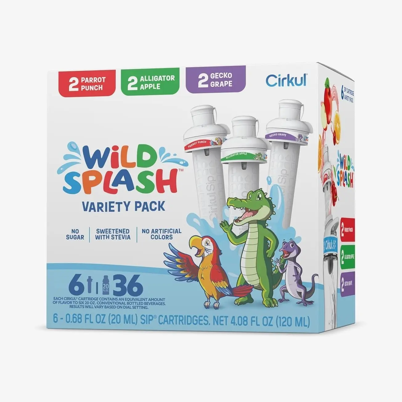 Cirkul Wild Splash Stevia Flavor Water Variety Pack, Makes 36 Drinks, No Sugar, Zero Calorie Drink Mix, (2 Parrot Punch, 2 Alligator Apple, 2 Gecko Grape)