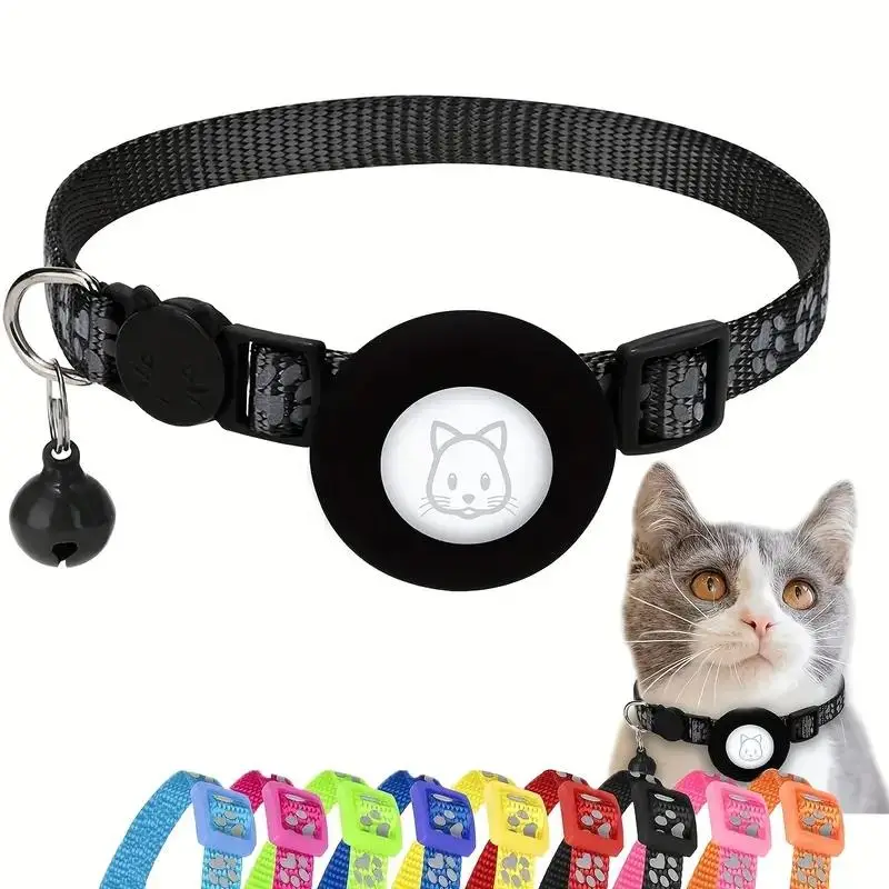 Adjustable Pet Collar with Bell, 1 Count Reflective Cat Collar with Buckle & Air Tag Holder & Bell, Pet Collar for Small Medium Large Dogs & Cats