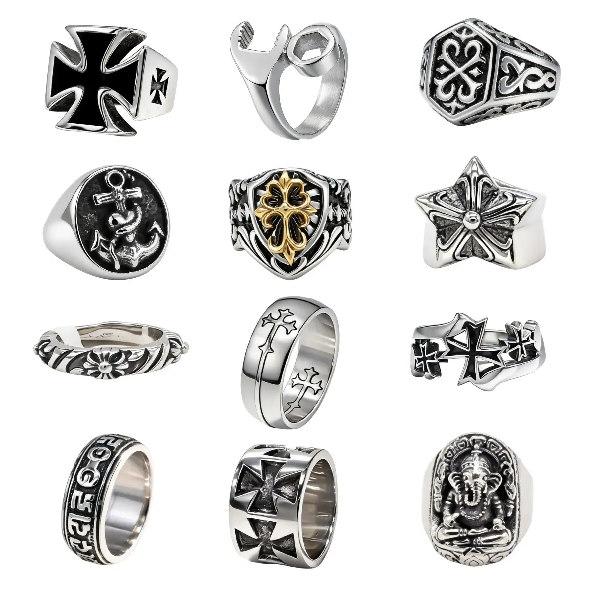 Men's Titanium Steel Ring, European & American Style Retro Cross Anchor Elephant Statement Ring, Trendy Personalized Hand Jewelry