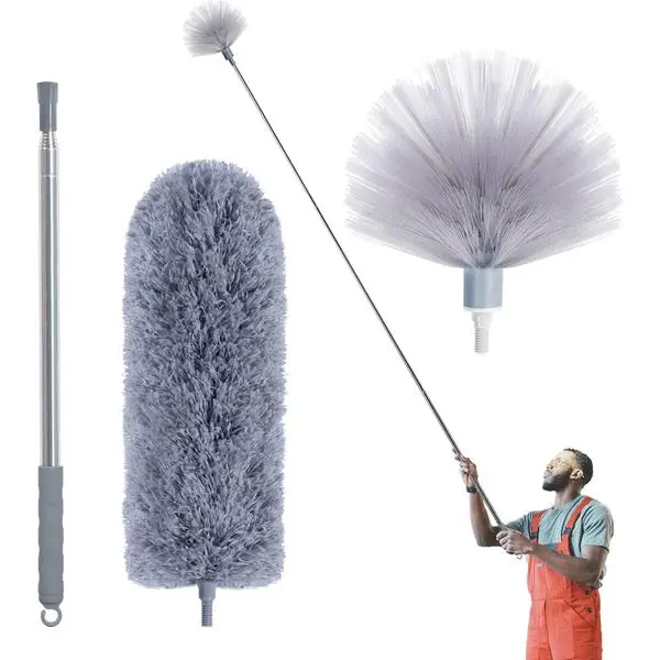 IVYROLL Cobweb Duster with Extension Pole, Spider Web Brush & Ceiling Cleaning Kit, 100" Microfiber Feather Duster Cleaner with Washable Head for Ceiling Fan, Furniture, Home