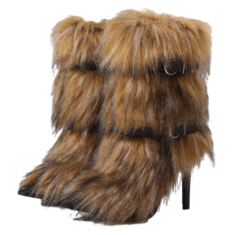 Women's Warm Winter Snow Stilettos Boots Mid-Calf Pointed Toe Furry High Heeled Christmas Holiday Boots Brown Fashionable Walking Shoe