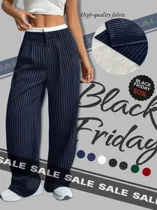 Women's All Over Striped Print Pocket Wide Leg Pants, Casual Comfy Trousers for Spring & Fall, Women's Bottoms for Daily Wear