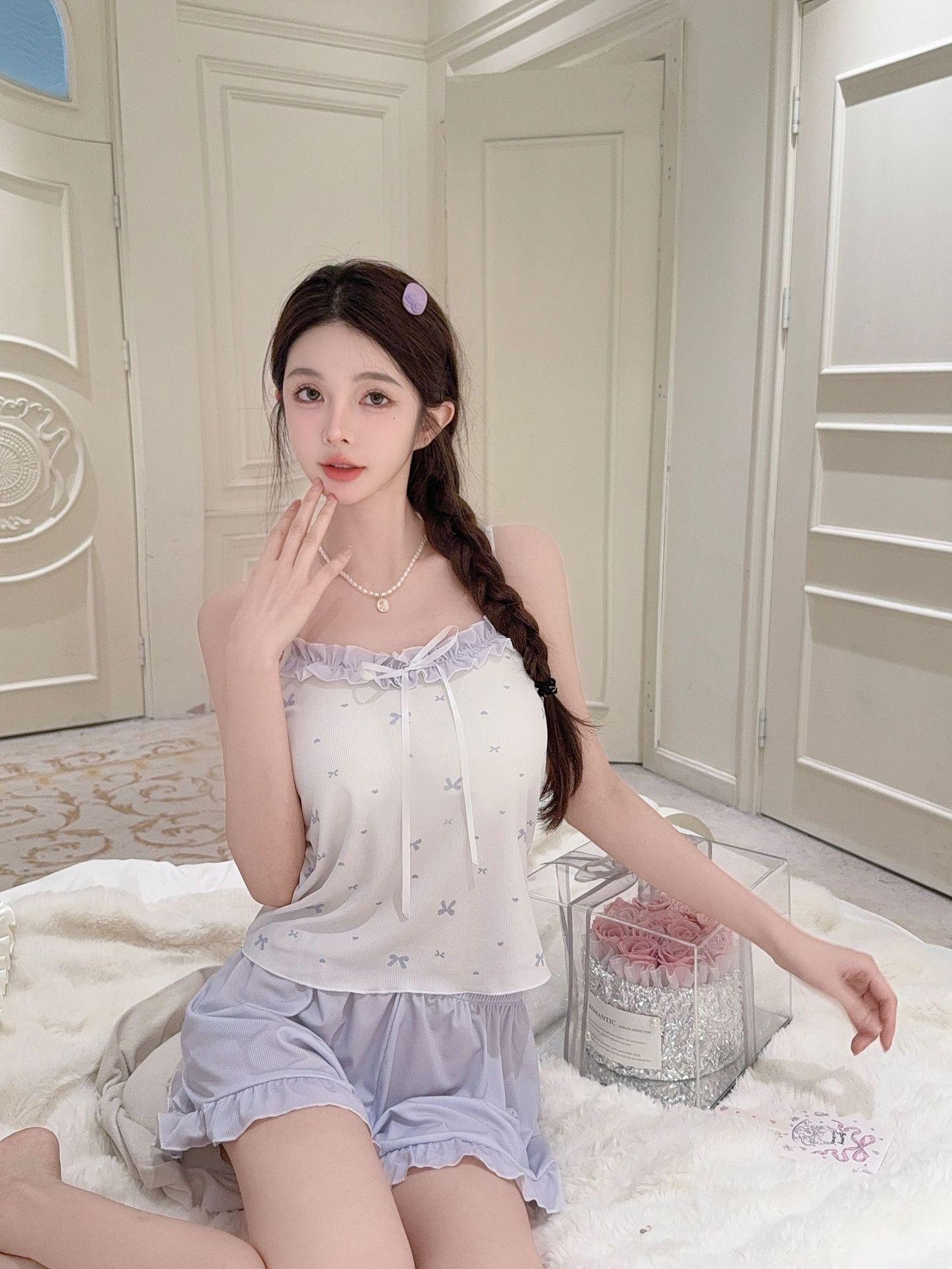 Women's summer pajamas with chest pads, camisole and shorts, pure and sexy Korean style, sweet, casual, loose-fitting home wear set