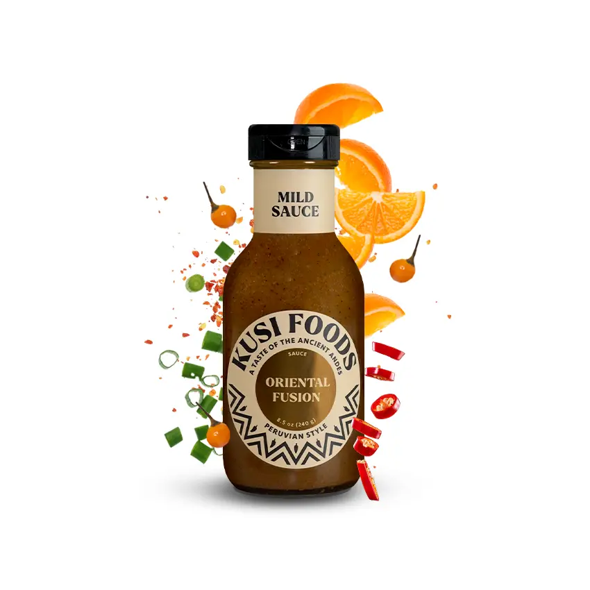 Kusi Foods Oriental Fusion Peruvian Mild Sauce - Peruvian Charapita & Limo Chilies with Ginger Garlic & Cinnamon - Soy Sauce Panela & Sesame Oil - Modern Andes Orient Flavor