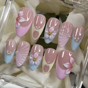yonne Pastel Petal Press-On Nails, 3D Pink Flowers, Blue French Tips, Shell Texture Accent, Glossy Nude Base, Handmade Floral Spring Nail Set