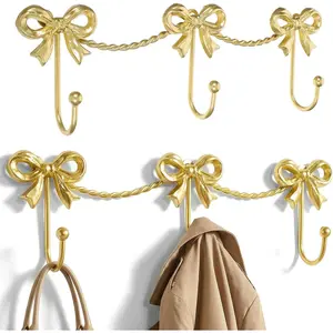 2 Pack Gold Triple Bow Hooks, Metal Cute Wall Mount Coat and Towel Hooks Door Hanger Holder for Bathroom, Bedroom, Nursery, Kitchen Decor, 14 x 4.5 Inch