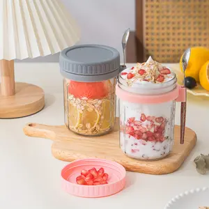 1pc Overnight Oatmeal Cup with Spoon and Lid, Portable Large Mouth Breakfast Cup, Glass Milk Cup, Salad Yogurt Cup for Women