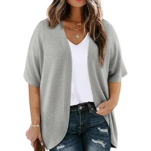 Womens Plus Size Cardigan Casual Short Sleeve Waffle Knit Kimono Open Front